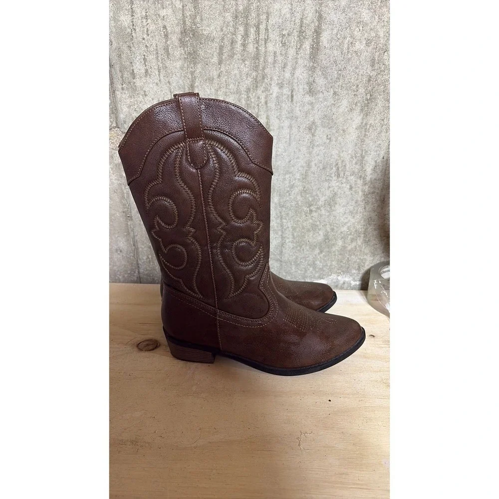 Cat & Jack Kids Brown Faux Leather Western Cowboy Boots Side Zip Size 5